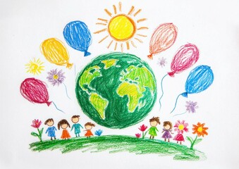 Naklejka premium Colorful hand drawn illustration of a globe surrounded by children, flowers, and balloons, symbolizing environmental awareness and joy
