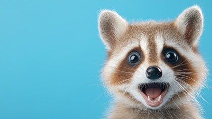 Playful raccoon portrait, blue background, wildlife, animal photography, website banner