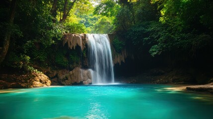 Serene tropical waterfall cascade into turquoise pool surrounded by lush jungle foliage
