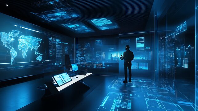 Silhouette of Businessman in Futuristic Blue Digital Control Room with Global Network Data Visualization