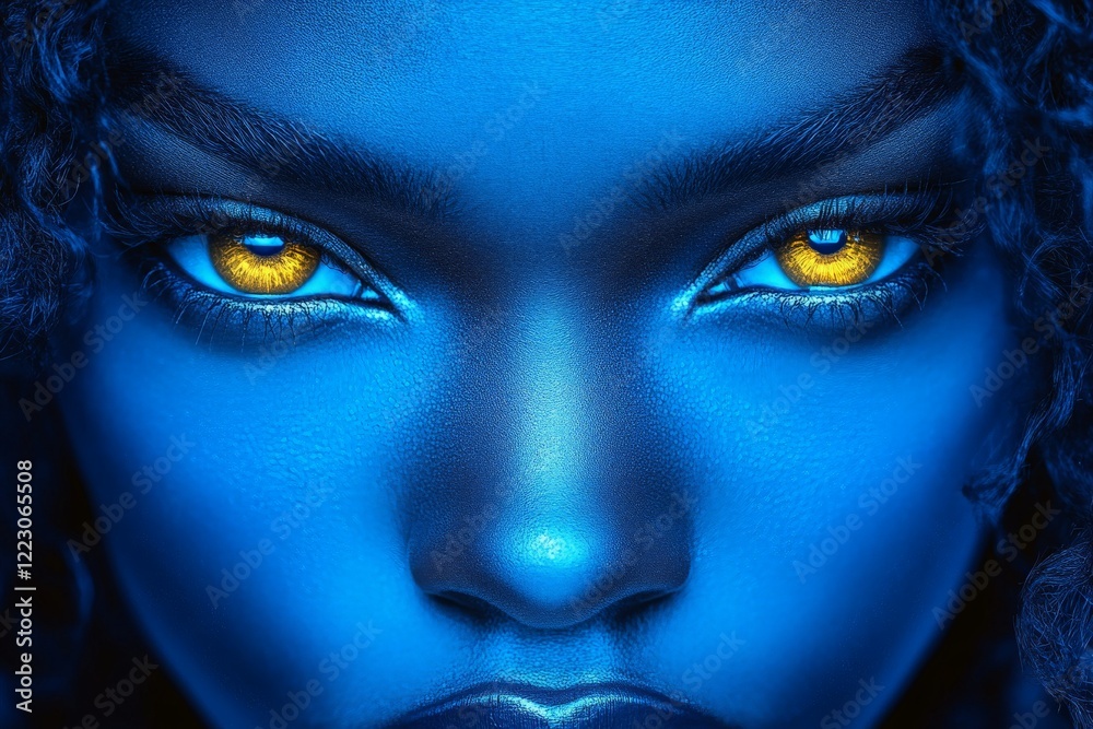 Aufkleber close-up of a person with striking golden eyes set against a deep blue background showcasing unique 