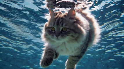 Fluffy cat gracefully swims underwater, its fur creating a unique texture against the clear blue water. The image captures the playful and adventurous spirit of the feline