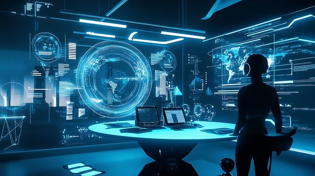 Silhouette Of Woman In Futuristic Blue Neon Digital Environment