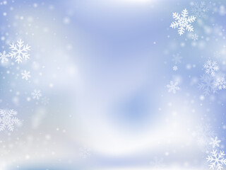 Fairy heavy snowflakes composition. Snowfall dust freeze particles. Snowfall weather white blue backdrop. Soft snowflakes new year texture. Snow nature landscape.