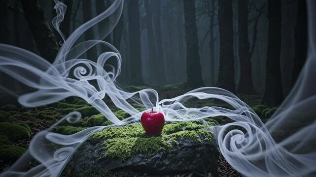 Mysterious smoke swirling around a shiny red apple resting on a moss-covered rock in a dark, misty forest, evoking a magical yet eerie atmosphere filled with intrigue