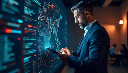 Man in suit interacting with large screen showing map and data visualization