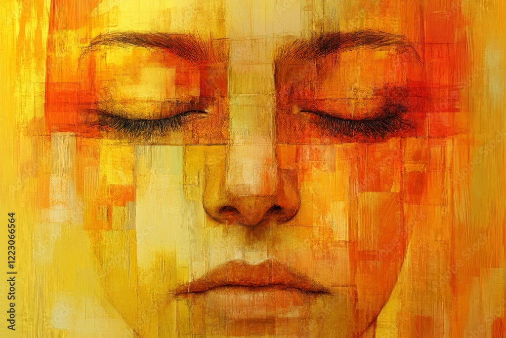 Poster vibrant artistic portrait featuring warm colors and abstract patterns on a woman's face with closed 