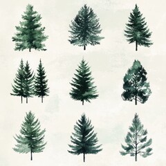 Obraz premium Set of watercolor-style evergreen trees in various shapes and shades on a textured background.