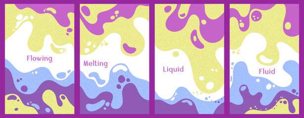 Melting colorful waves pattern summer banners. Bubble splashes and streams vector templates set. Fluid liquid flowing paint flyers. Wavy surface leaflets. Fluid with bubbles, melting shapes