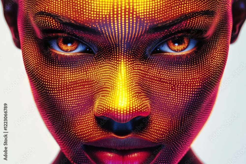 Aufkleber Vibrant portrait displaying intricate dot patterns on a model's face with striking orange eyes in a creative photographic display
