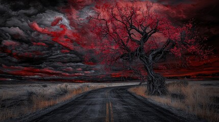 Red sky, winding road, lone tree, dramatic landscape, desktop wallpaper