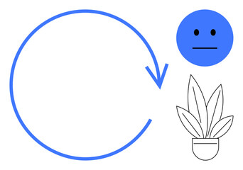 Circular blue arrow, blue neutral face, and black-and-white potted plant symbolizing emotion cycles, growth, and renewal. Ideal for themes of change, growth, emotions, renewal mindfulness mental