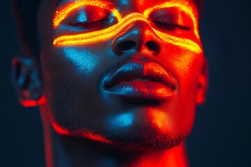 Close-up of a man with glowing face paint under dramatic lighting in a studio setting