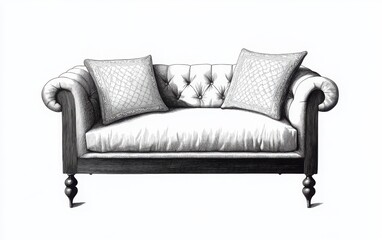 Fototapeta premium A monochrome vector illustration of a small, oblong decorative throw pillow with intricate embroidery, placed on a cozy couch