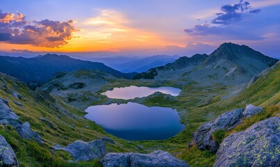 Hiker enjoys twilight mountain landscape with lakes and peaks, capturing sunset majesty and adventure in serene natural wilderness., Generative AI