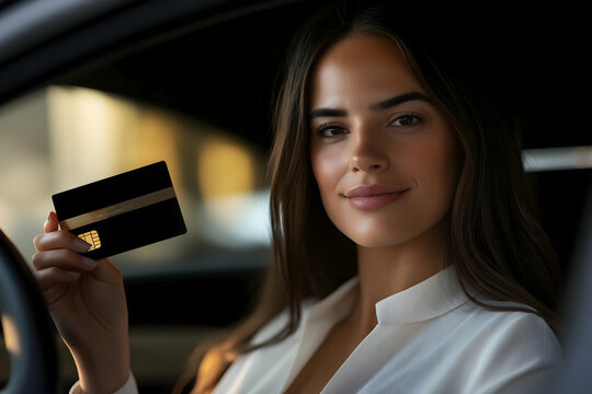 A confident woman holds a sleek black card while seated in a luxury car, exuding elegance and sophistication.