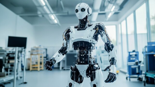 A full-body shot of a humanoid robot with a high-tech appearance and detailed mechanics, displayed in an advanced manufacturing facility, Tech-savvy style