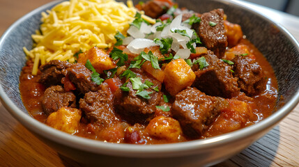 Chunks of Beef Simmered with Chili and Garnished with Onion and Cheese