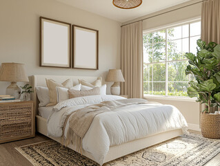 Neutral bedroom with wooden furniture and natural light