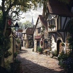 Sunlit Cobblestone Street in a Quaint Medieval Village