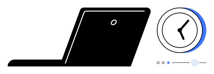 Laptop in black silhouette with analog clock displaying time and blue progress indicator. Ideal for productivity, scheduling, deadlines, project management, working hours, time tracking, efficiency