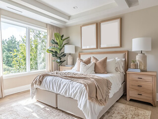 Neutral bedroom with wooden furniture and natural light