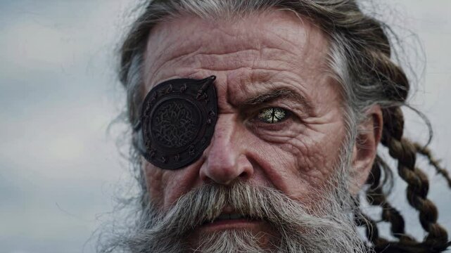 Close-up of a viking warrior wearing an eyepatch, revealing a mystical eye underneath, suggesting magic, power, and ancient norse mythology