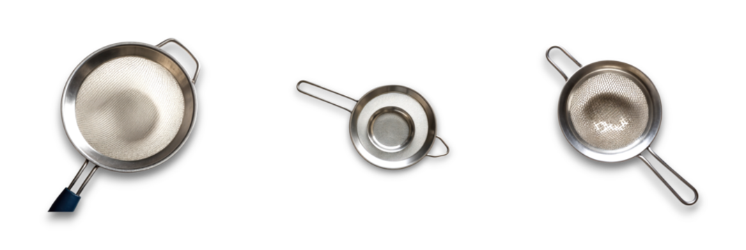 Metal strainer on transparent background, isolated object for kitchen use