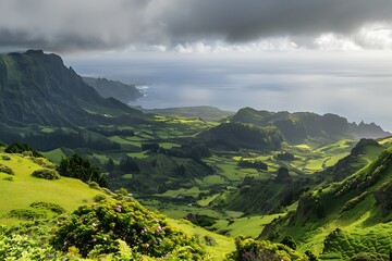 The majestic Mount Olympus towering above a lush landscape with clouds swirling around its peak, A mountain landscape on Ponta Delgada Island, Azores., Scenic mountainous landscape with green forests.