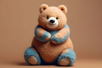 Obraz premium Volumetric bear in a confused sequence of brown, beige and blue on a brown background. Love in the color of mocha mousse. Trend 2025. Valentine's Day. Fashion design. Banner with space for text.