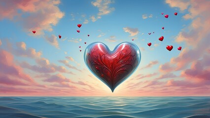 A whimsical, heart-shaped cloud filled with soft pink and blue swirls floats against a vibrant sky,