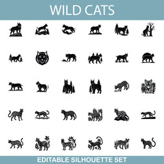 Obraz premium Wild Cat Silhouettes Editable Vector Set, Black Icons, Nature