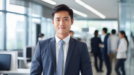Fototapeta premium handsome asian man business attire blue tie office professional confidence modern workplace blurred background asian businessman wearing blue tie standing confidently office team collaboration blurred