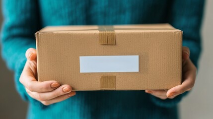 Fototapeta premium delivery Concept. A person holding a small cardboard package with a blank label.