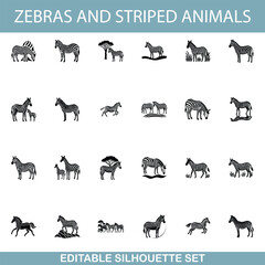 Zebras, Striped Animals, Silhouette Set, Editable Vector Icons, Wildlife, African Savanna, Mammal, E