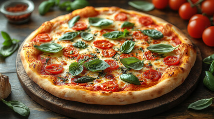 Freshly Baked Margherita Pizza With Basil and Cherry Tomatoes