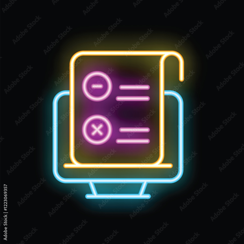 Poster neon online survey icon showing computer screen displaying checklist with marked options for feedbac