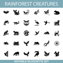 Rainforest Animals Editable Silhouette Set of Diverse Creatures