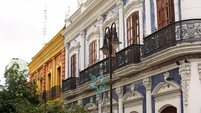Colorful historic buildings stand in downtown Villahermosa, Tabasco, Mexico.