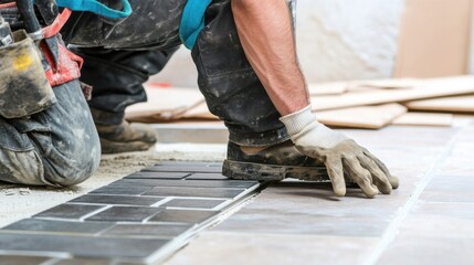 A close-up of a tiler in work clothes and knee pads, precisely placing tiles on a floor with a background of unfinished flooring, Tile installation scene