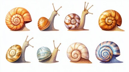 Vibrant spiral shells: eight unique snail designs with colorful patterns and textures