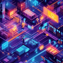 A vibrant futuristic warehouse featuring glowing neon lighting, digital screens, and individuals interacting with high-tech devices.