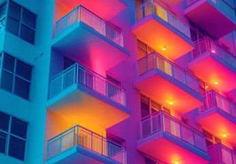 Brightly lit balconies feature vibrant colors of purple and orange, highlighting a contemporary building in a bustling city during the night. The unique design creates an eye-catching visual effect