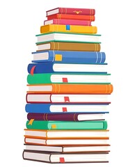 A Tall Stack of Colorful Books, Illustration Style, Various Sizes and Styles, Education or Reading Concept