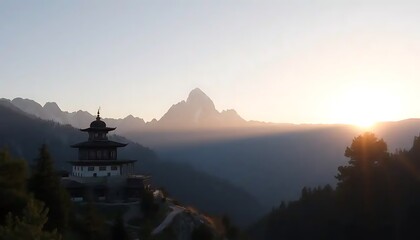 Obraz premium Mountaintop Pavilion Sunrise Majestic View