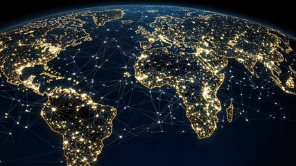 This view highlights the illuminated nodes of global connectivity as night falls across various continents and countries - Powered by Adobe