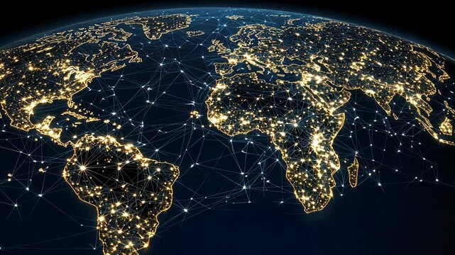 This view highlights the illuminated nodes of global connectivity as night falls across various continents and countries