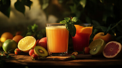Fototapeta premium Fresh fruit juices delight served with vibrant garnishes at a cozy brunch setting