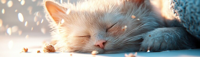 Capture a peaceful scene with our fluffy feline friend, a nostalgic moment of a pet and owner cuddled together, sharing emotions and fond memories of warm companionship This image showcases a