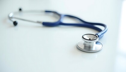 Close-up view of a blue and silver stethoscope on a white surface suggesting medical care